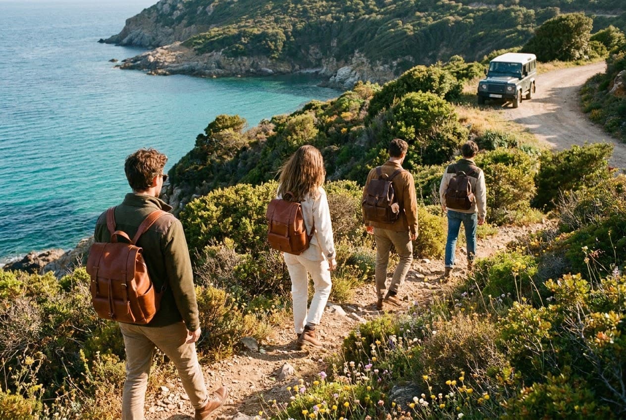Sentier de randonnée côtier en Corse surplombant la mer Méditerranée à travers le maquis