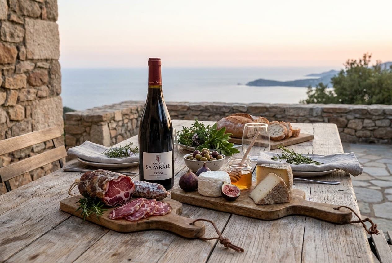 Charcuterie corse, fromages et vin sur une table en bois rustique, présentation gastronomique authentique